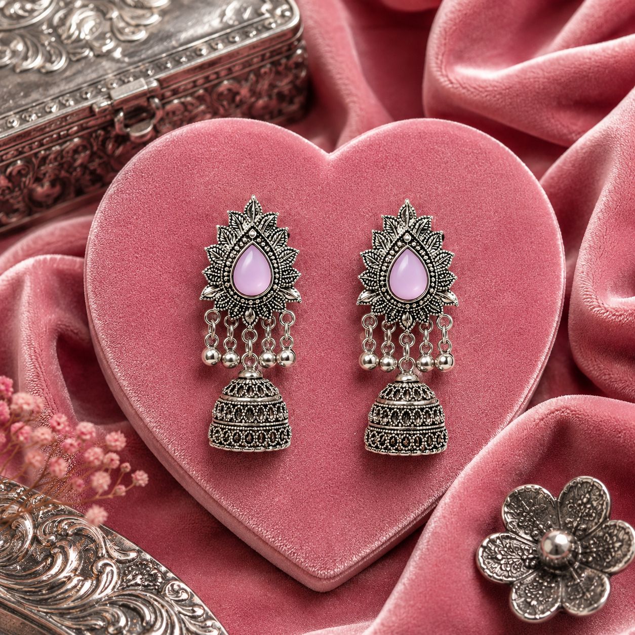 Raannii Earrings Pink Stone Oxidised Jhumka Statement Earrings for Women