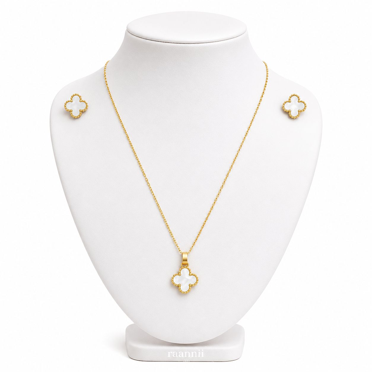 Raannii Jewelry Set Gold Plated White Clover Pendant Necklace and Stud Earrings for Women