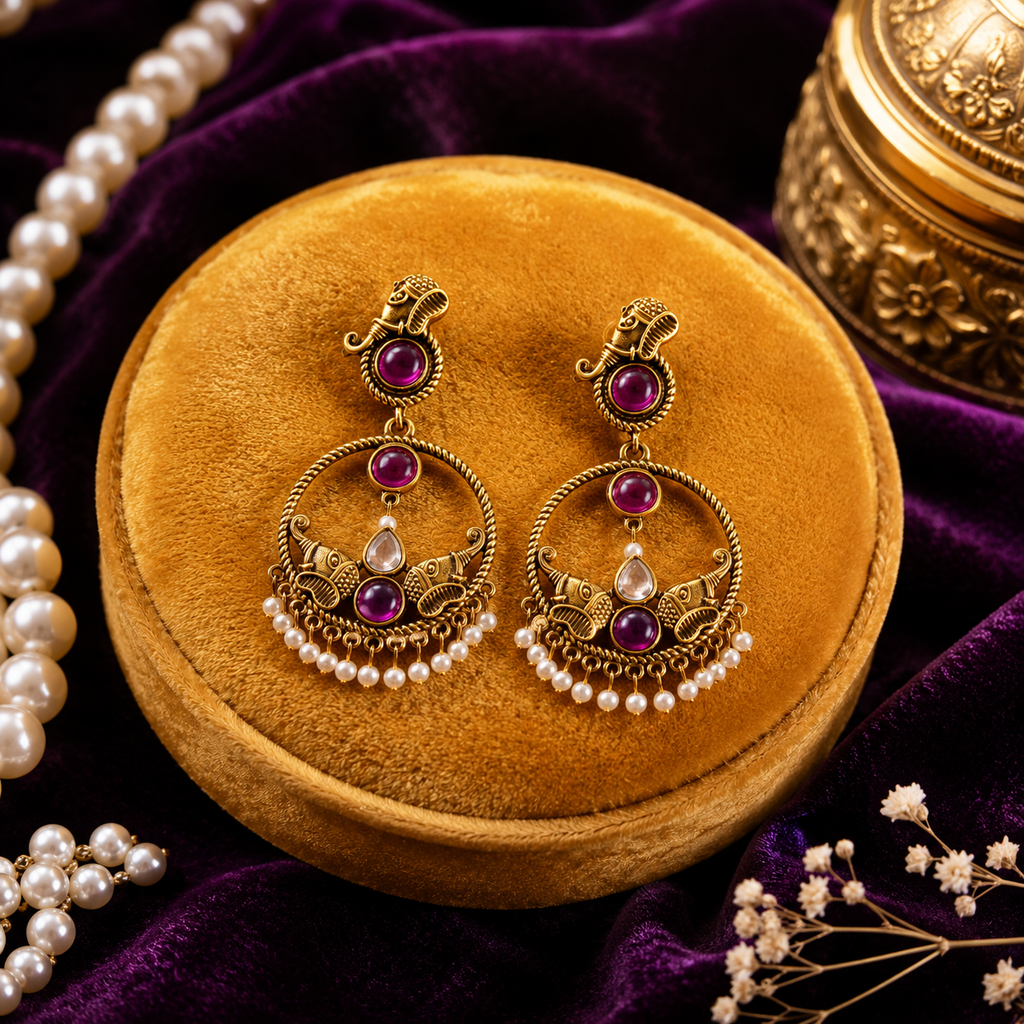 Raannii  Earrings Ruby Tone Traditional Gold Finish Chandbali Earrings