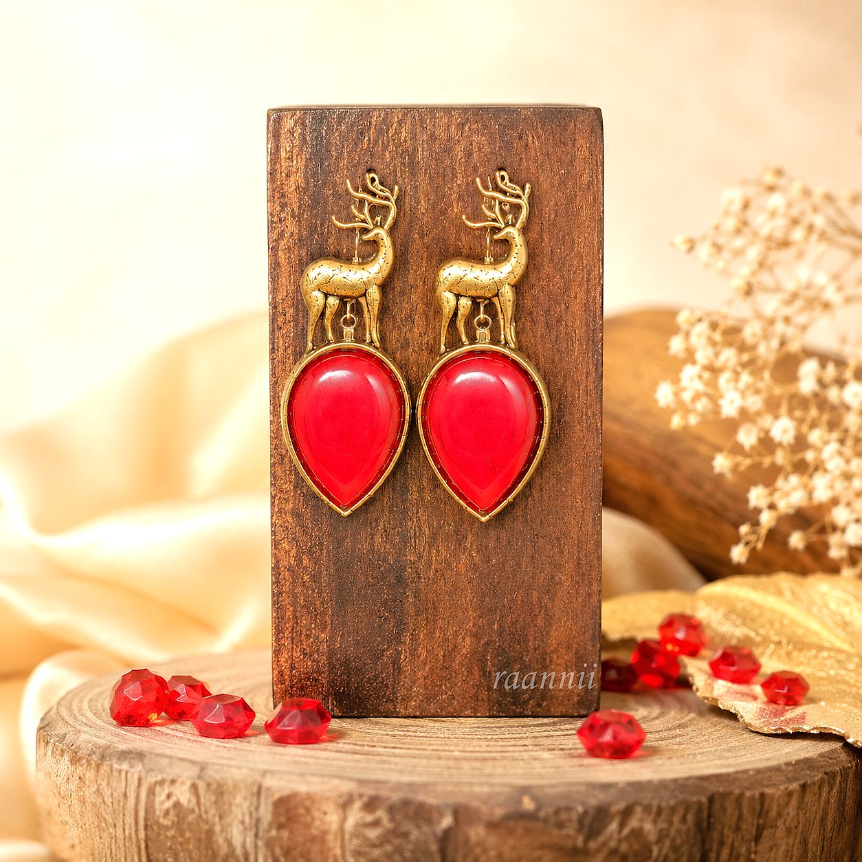 Raannii Earrings Deer Design Red Crystal Gold Tone Statement Earrings for Women