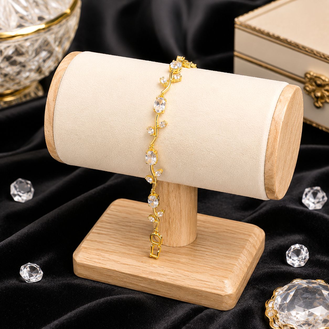 Raannii Luxury Crystal Vine Adjustable Bracelet for Women Gold Plated Floral Design with Premium White Crystal Stones
