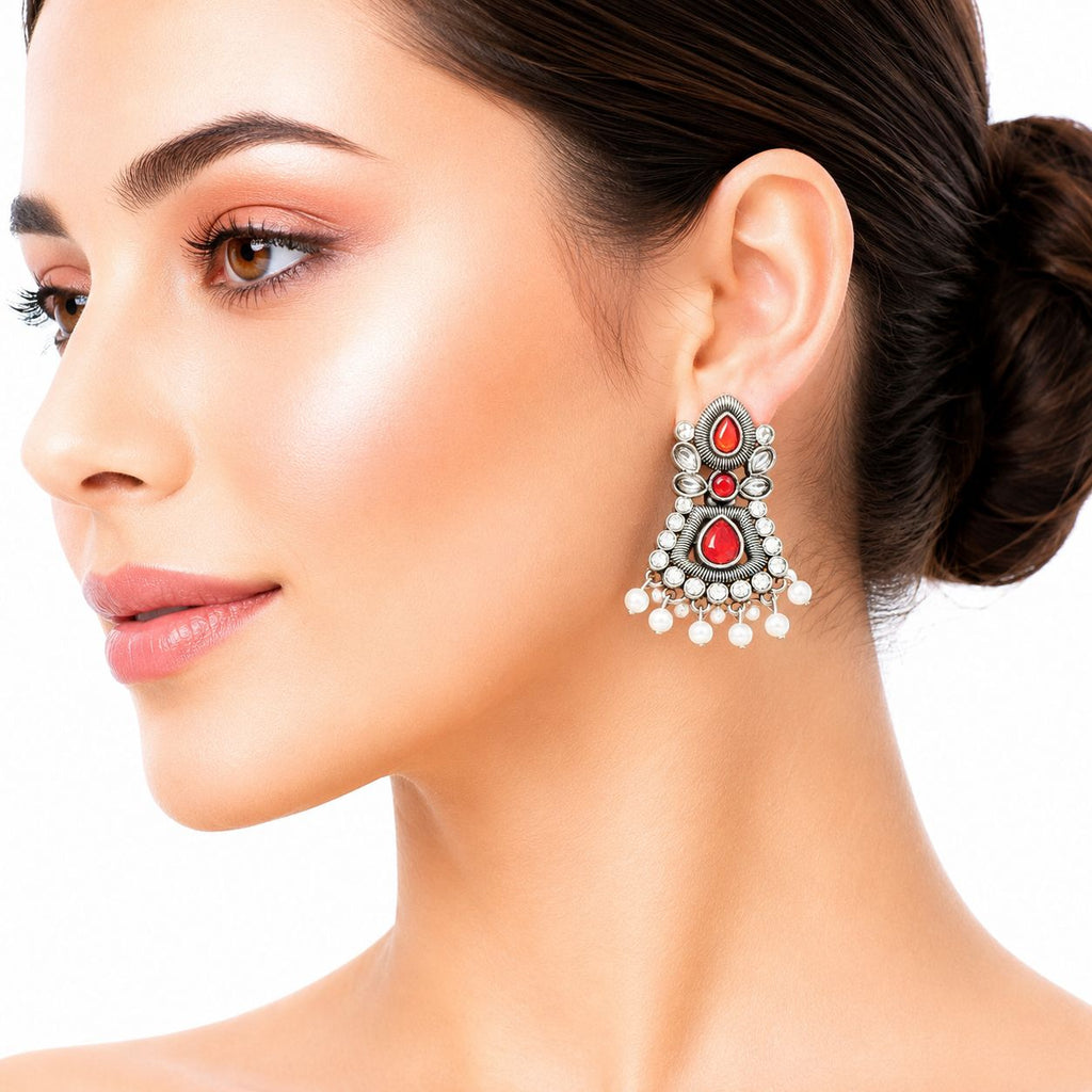 Raannii Earrings Red Stone Pearl Drop Oxidised Statement Earrings for Women