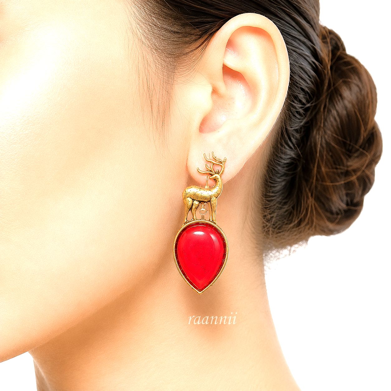 Raannii Earrings Deer Design Red Crystal Gold Tone Statement Earrings for Women