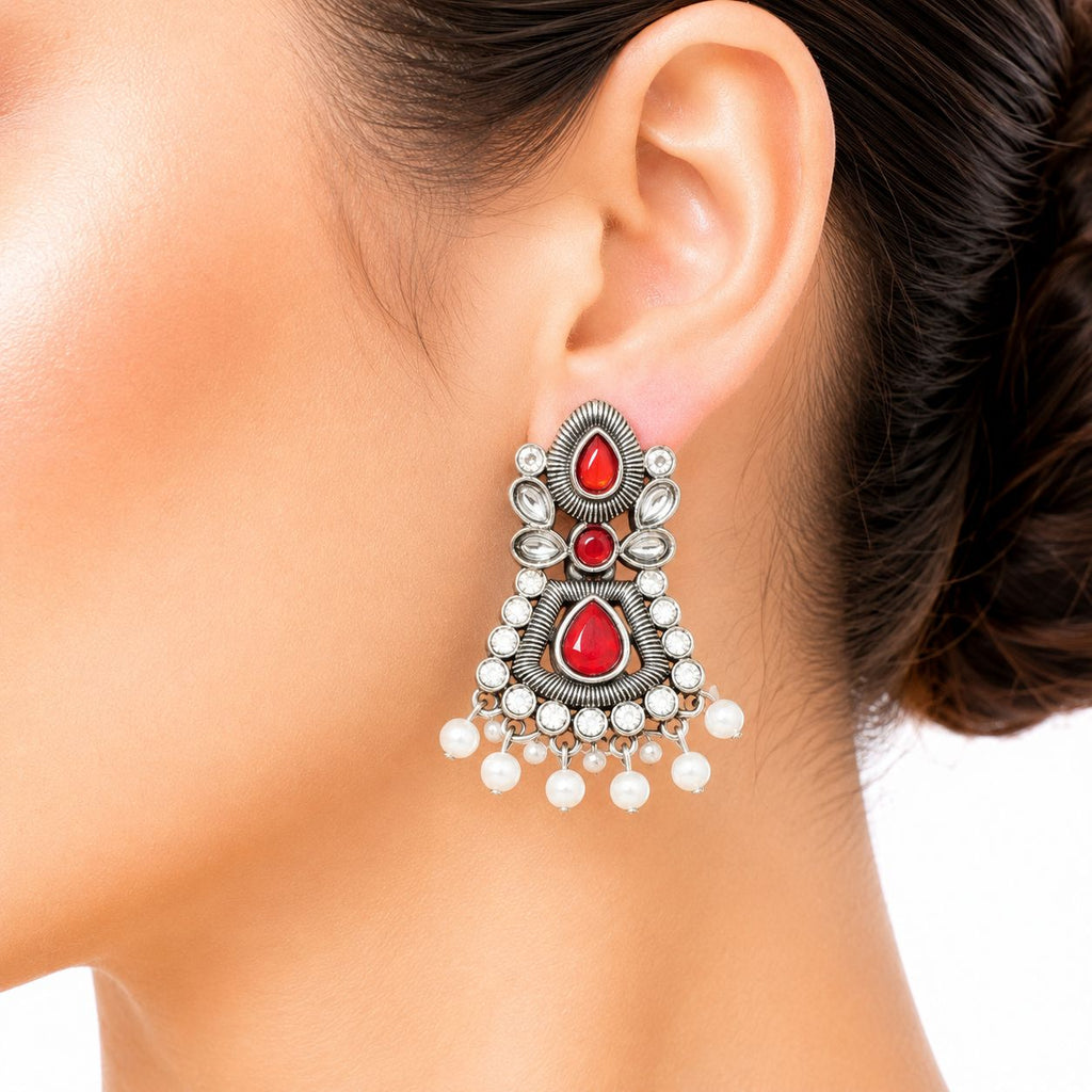 Raannii Earrings Red Stone Pearl Drop Oxidised Statement Earrings for Women