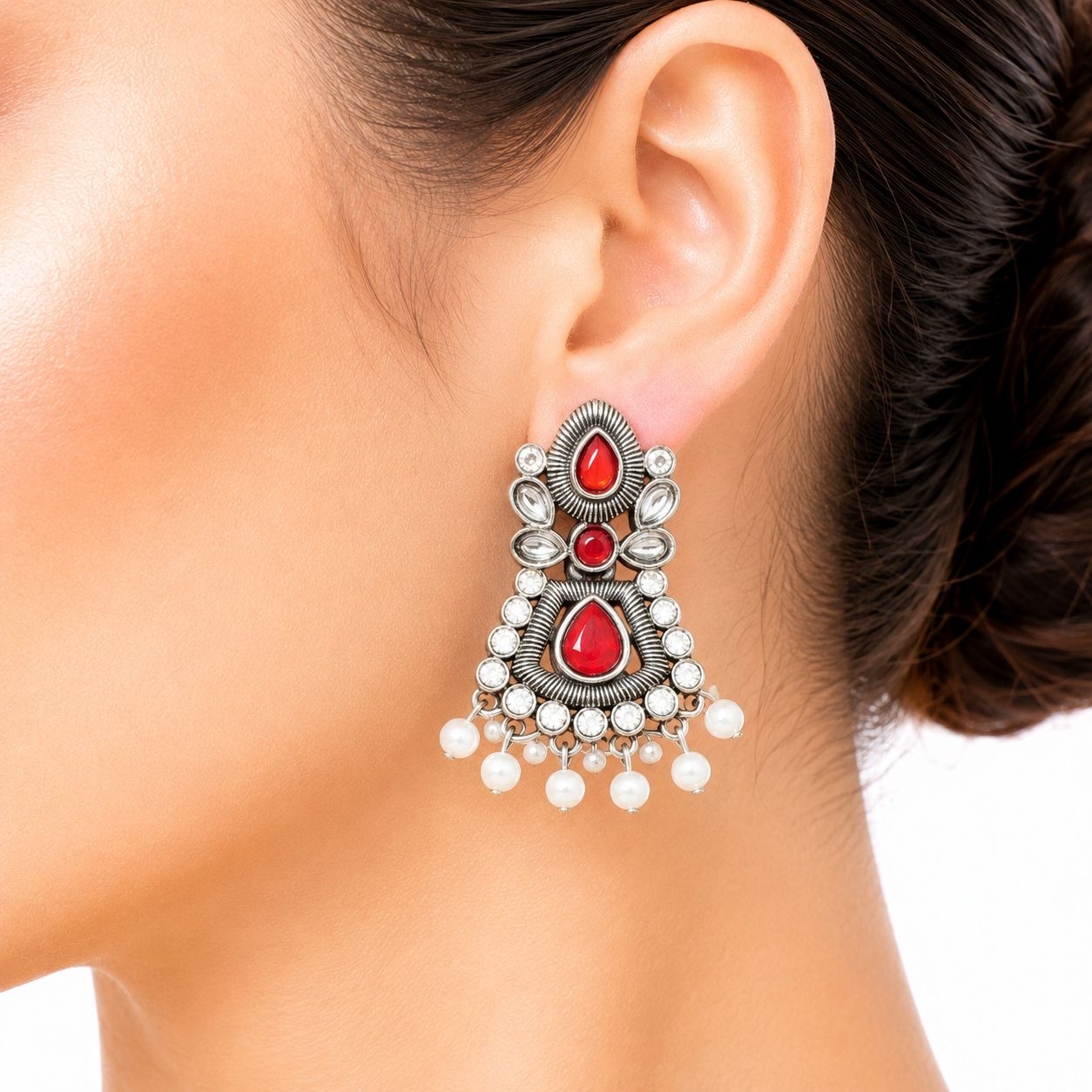 Raannii Earrings Red Stone Pearl Drop Oxidised Statement Earrings for Women