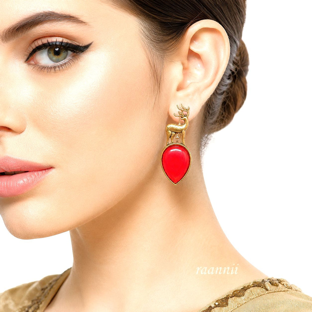 Raannii Earrings Deer Design Red Crystal Gold Tone Statement Earrings for Women