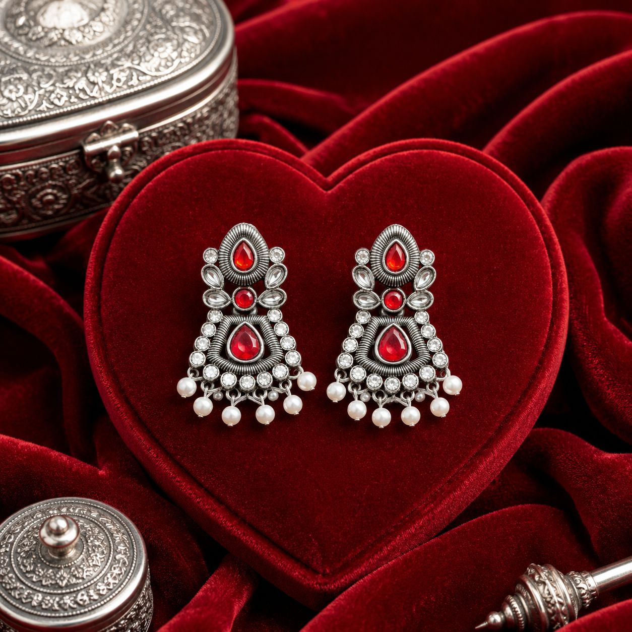 Raannii Earrings Red Stone Pearl Drop Oxidised Statement Earrings for Women