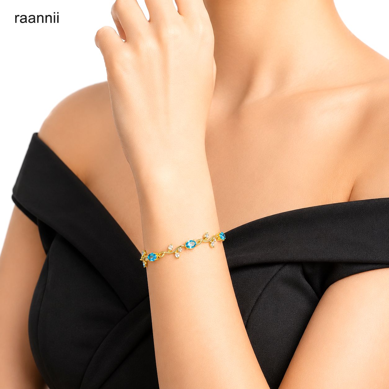 Raannii Blue Crystal Leaf Vine Gold-Plated Bracelet with Sparkling Crystal Stones for Women & Girls