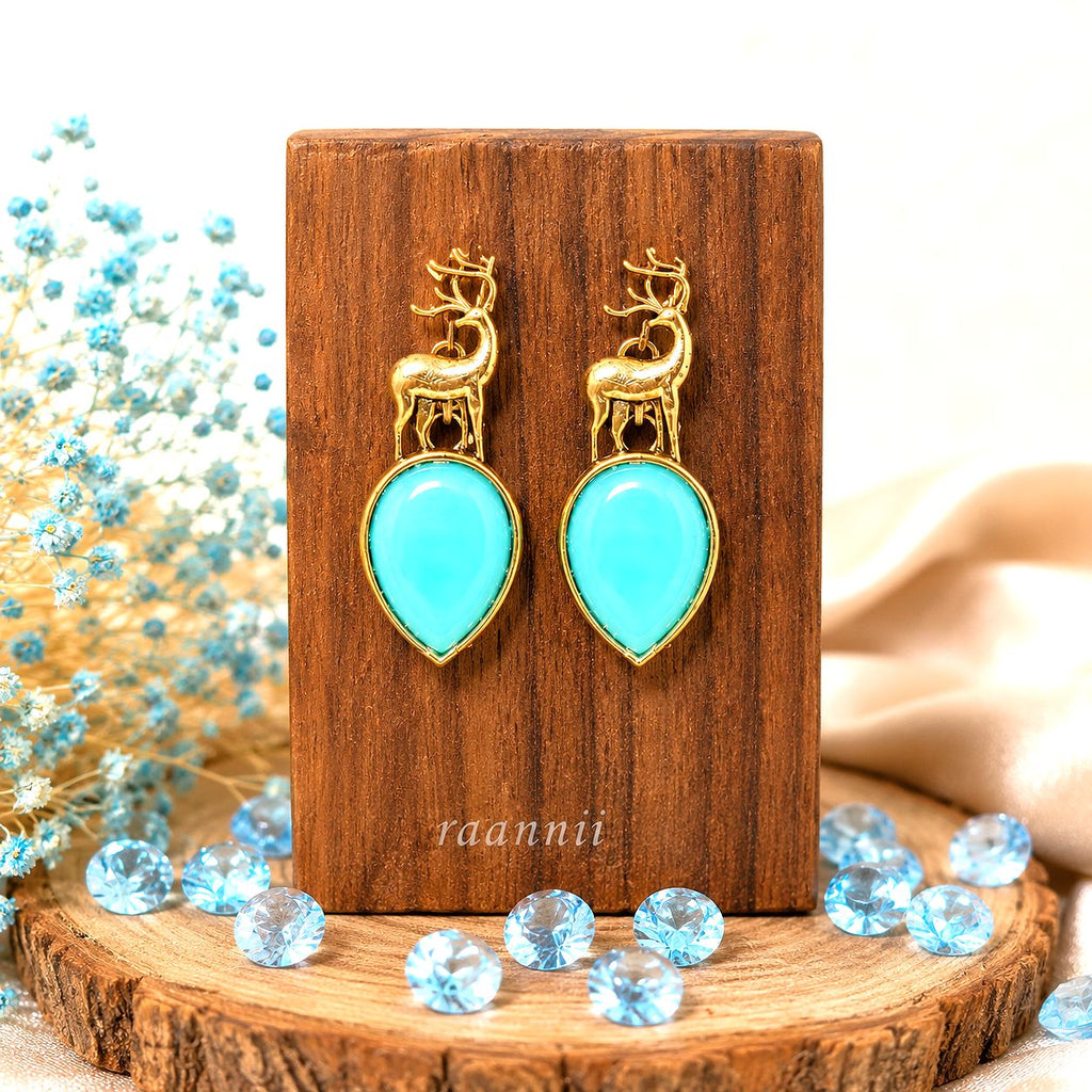Raannii Earrings Deer Design Sky Blue Crystal Gold Tone Statement Earrings for Women