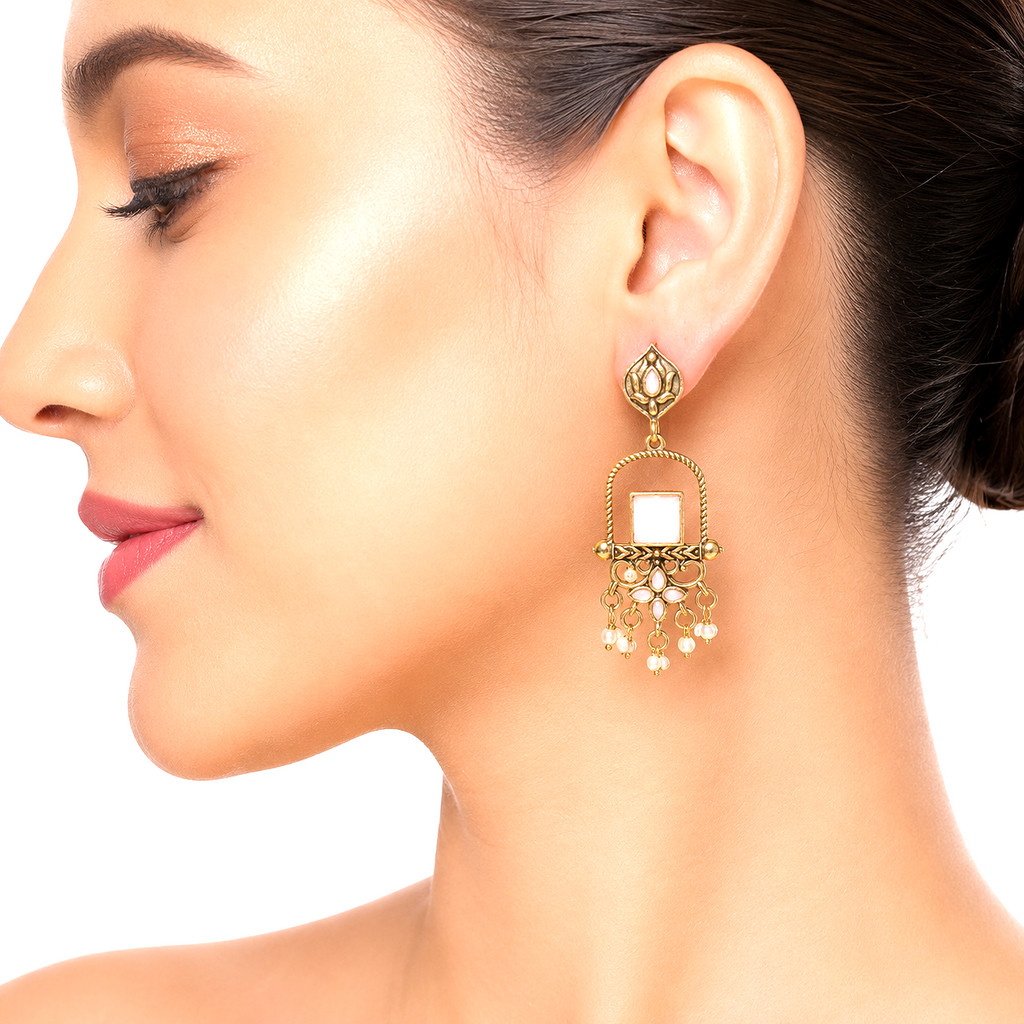 Raannii Earrings Pink Stone Gold Tone Designer Drop Earrings with Pearl Dangling