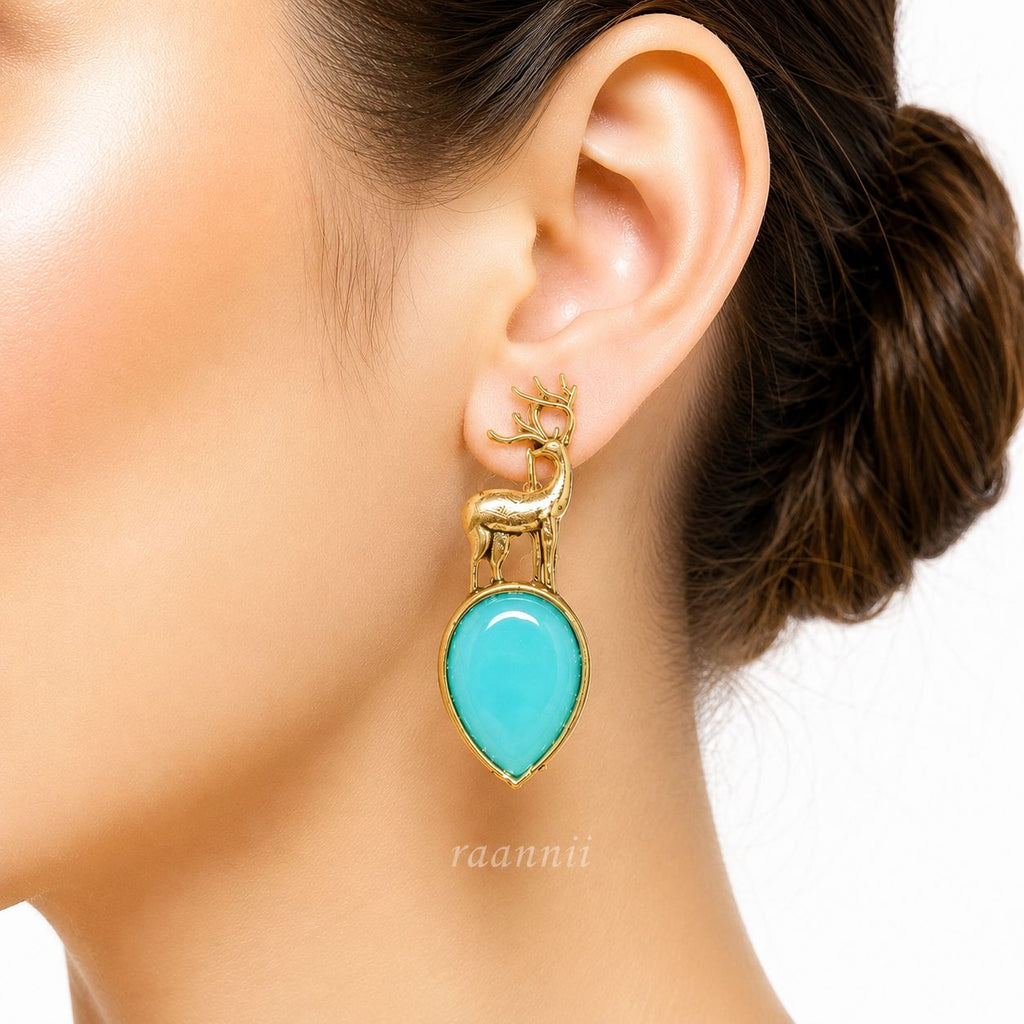 Raannii Earrings Deer Design Sky Blue Crystal Gold Tone Statement Earrings for Women