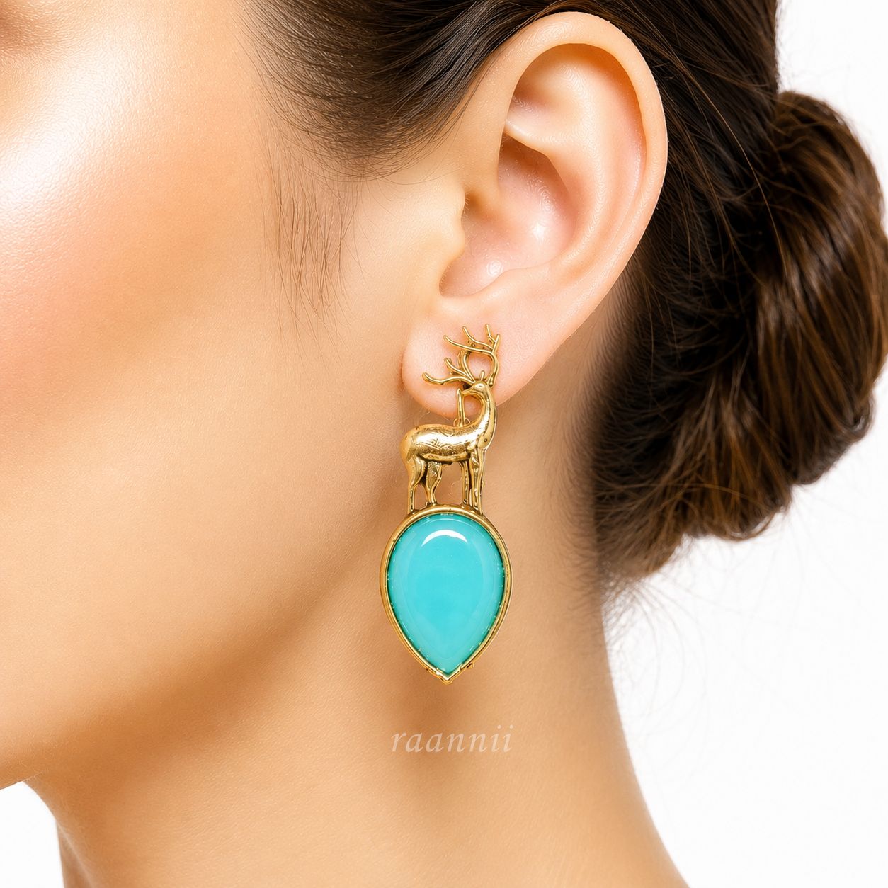 Raannii Earrings Deer Design Sky Blue Crystal Gold Tone Statement Earrings for Women