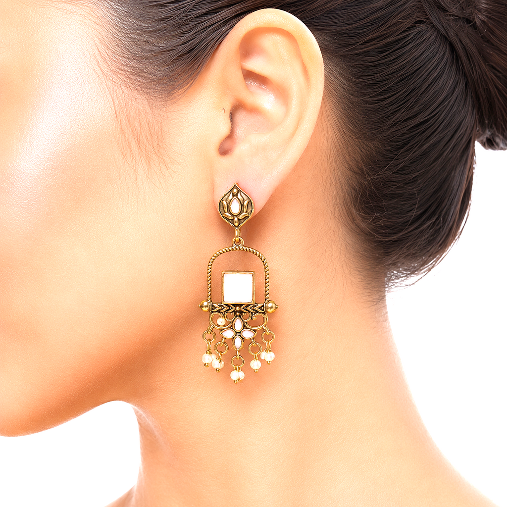Raannii Earrings Pink Stone Gold Tone Designer Drop Earrings with Pearl Dangling