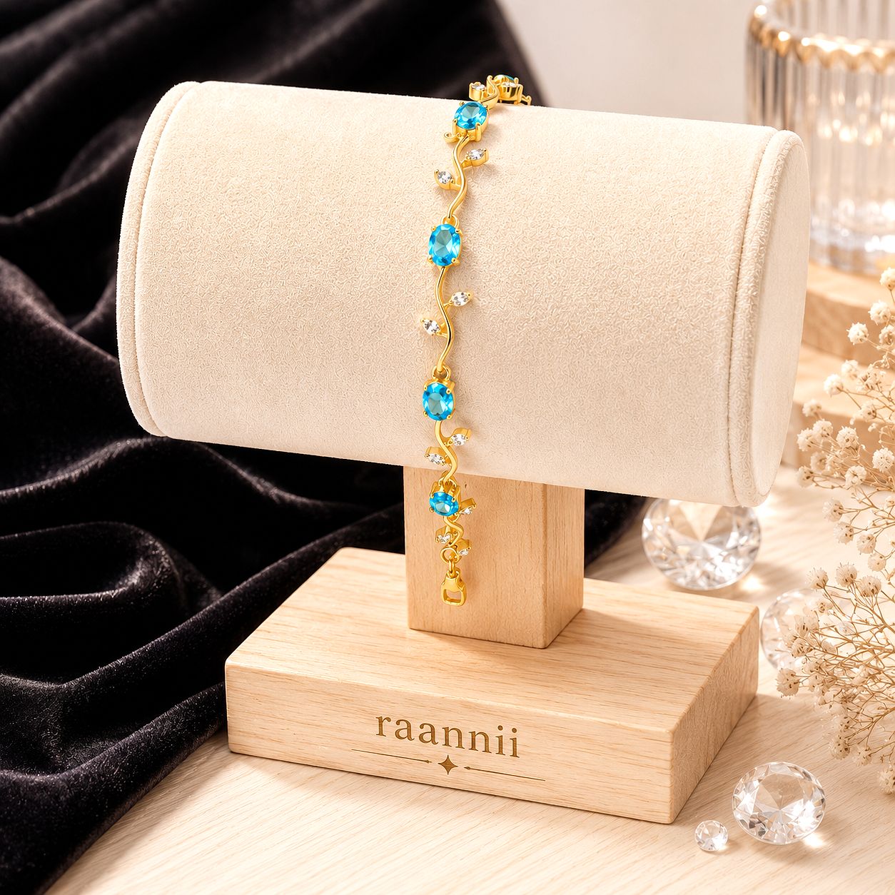 Raannii Blue Crystal Leaf Vine Gold-Plated Bracelet with Sparkling Crystal Stones for Women & Girls
