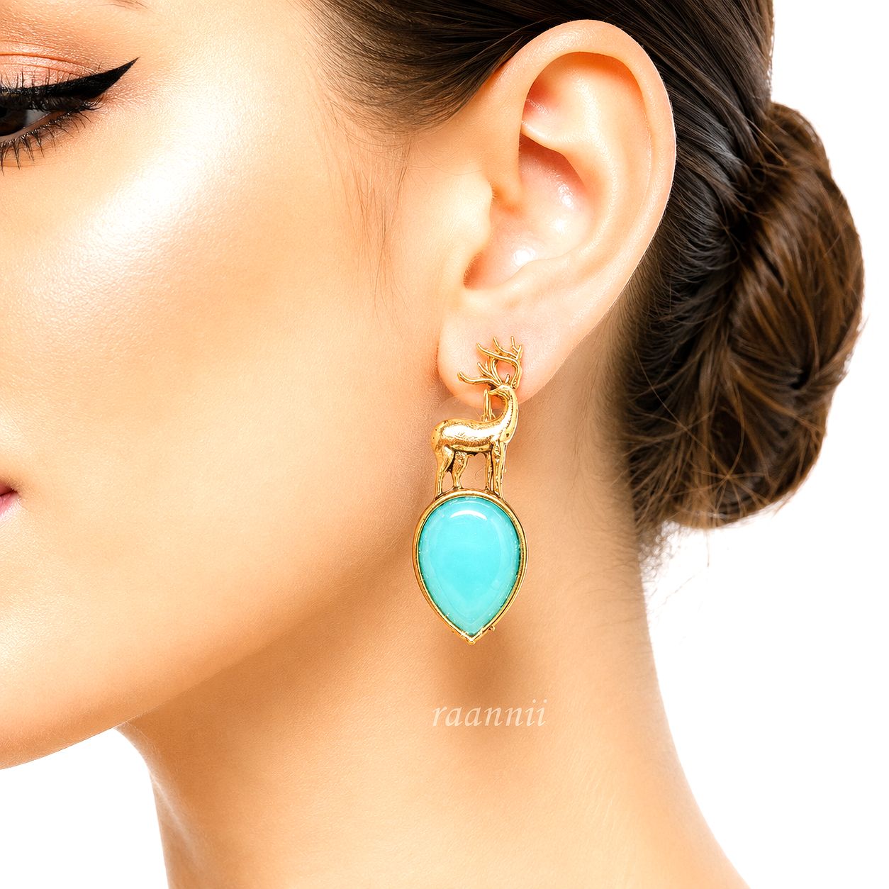Raannii Earrings Deer Design Sky Blue Crystal Gold Tone Statement Earrings for Women