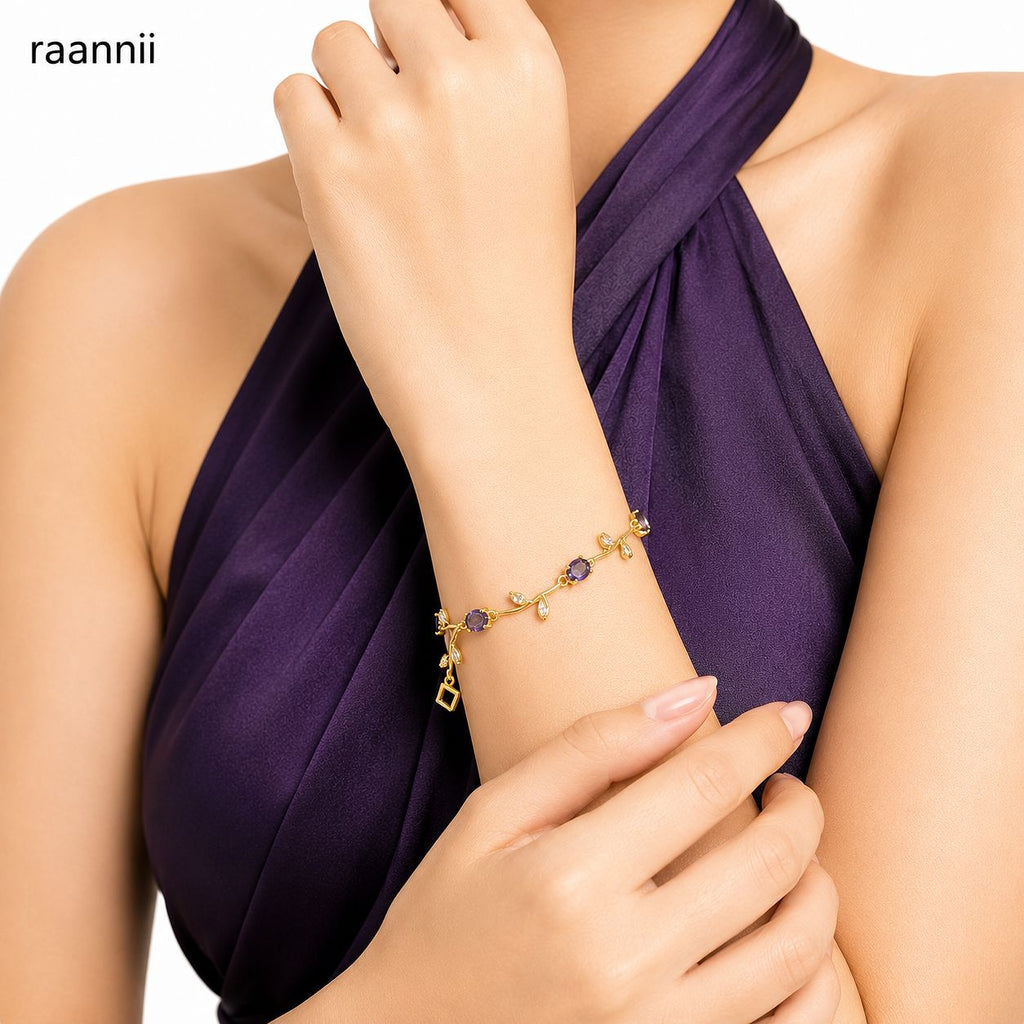 Raannii Purple Crystal Leaf Vine Gold-Plated Bracelet for Women & Girls