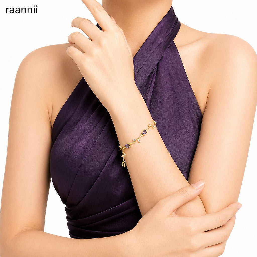 Raannii Purple Crystal Leaf Vine Gold-Plated Bracelet for Women & Girls