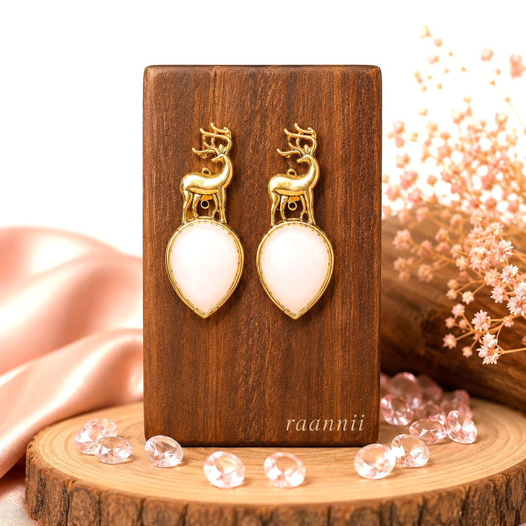 Raannii Earrings Deer Design White Crystal Gold Tone Statement Earrings for Women