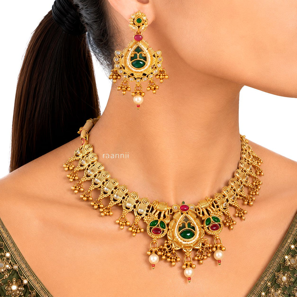 Raannii Traditional Green Stone Necklace Set