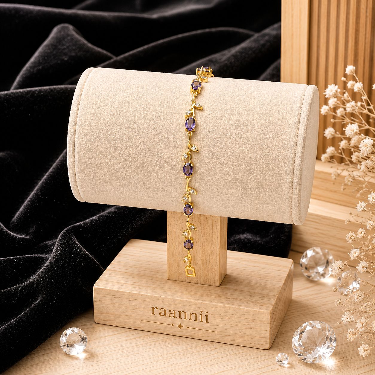 Raannii Purple Crystal Leaf Vine Gold-Plated Bracelet for Women & Girls