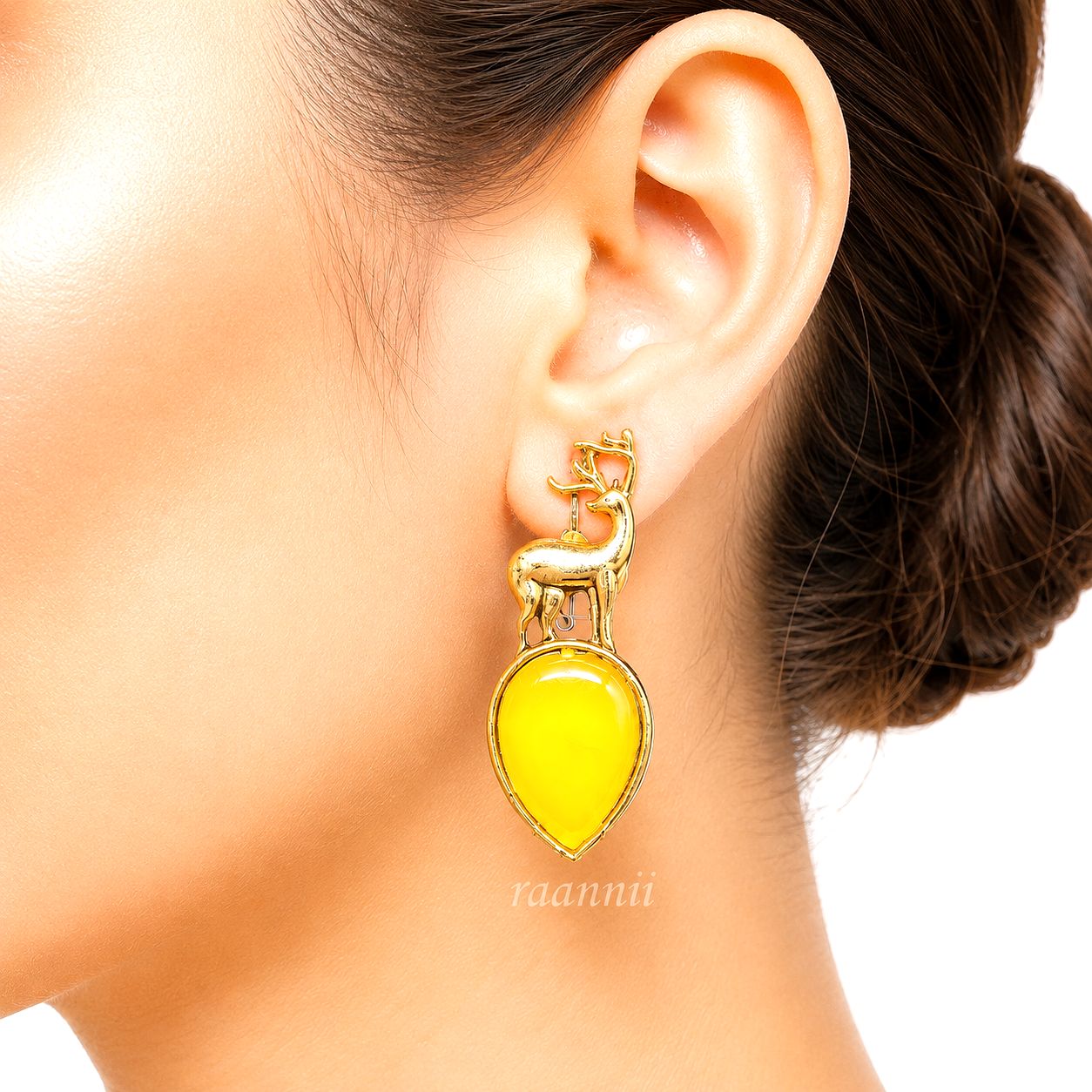 Raannii Earrings Deer Design Yellow Crystal Gold Tone Statement Earrings for Women