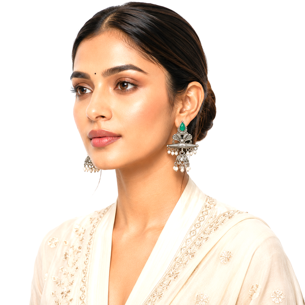 Raannii Earrings Green Stone Oxidised Jhumka Pearl Drop Earrings for Women