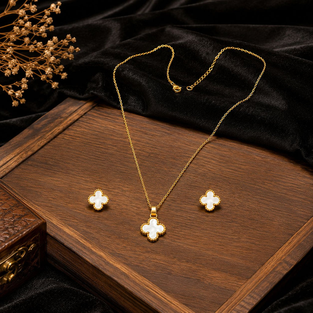 Raannii Jewelry Set Gold Plated White Clover Pendant Necklace and Stud Earrings for Women