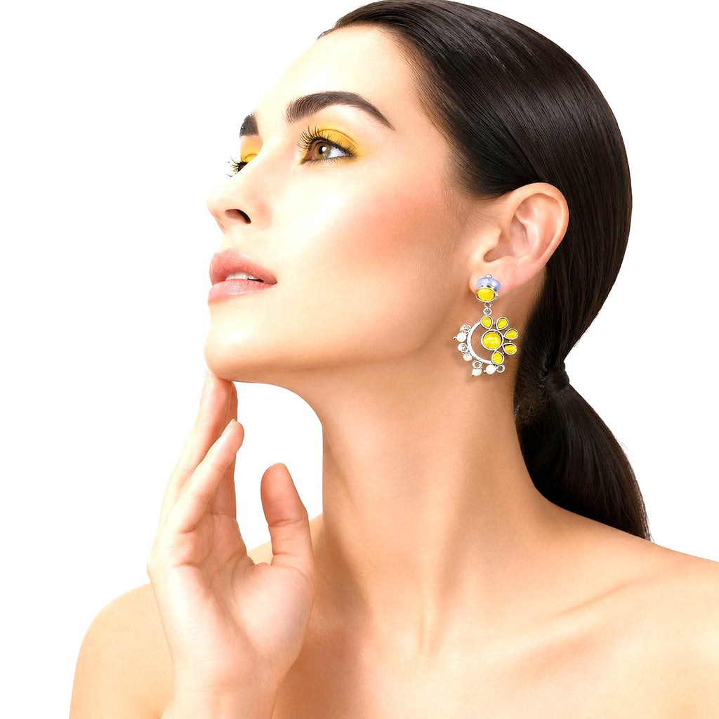 Raannii Earrings Yellow Stone Pearl Drop Oxidised Statement Earrings for Women