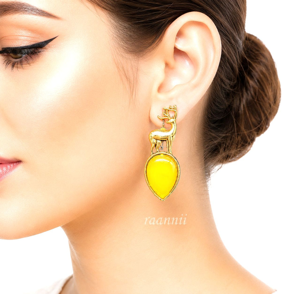 Raannii Earrings Deer Design Yellow Crystal Gold Tone Statement Earrings for Women
