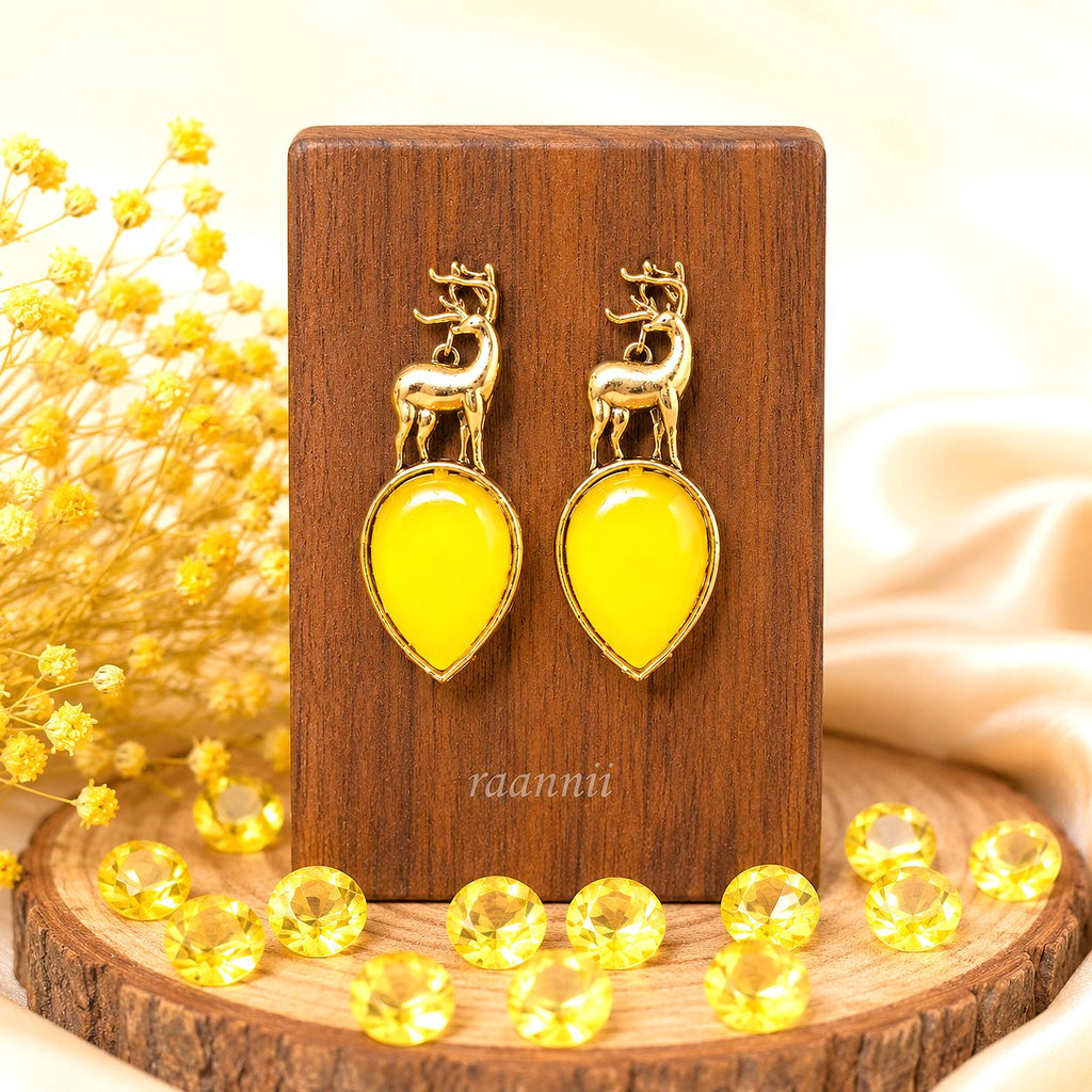 Raannii Earrings Deer Design Yellow Crystal Gold Tone Statement Earrings for Women