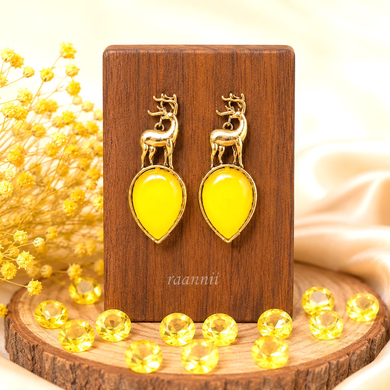 Raannii Earrings Deer Design Yellow Crystal Gold Tone Statement Earrings for Women