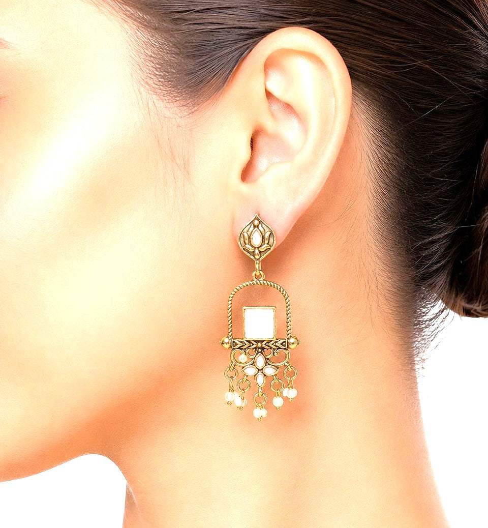 Raannii Earrings Pink Stone Gold Tone Designer Drop Earrings with Pearl Dangling