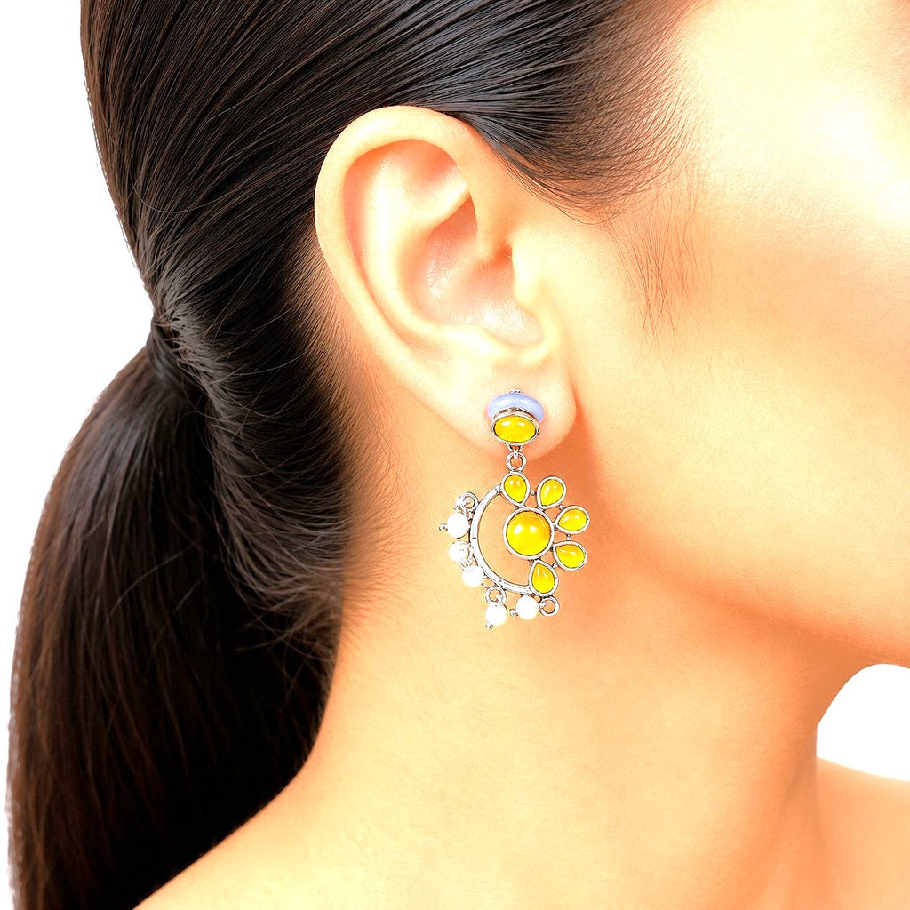 Raannii Earrings Yellow Stone Pearl Drop Oxidised Statement Earrings for Women