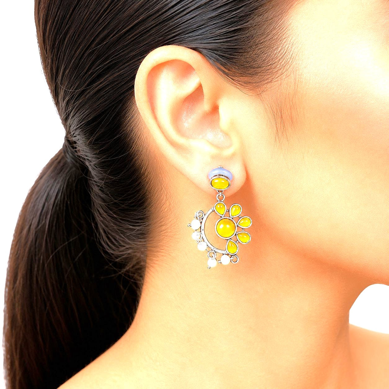 Raannii Earrings Yellow Stone Pearl Drop Oxidised Statement Earrings for Women