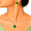 Raannii Jewelry Set Gold Plated Green Clover Pendant Necklace and Stud Earrings for Women
