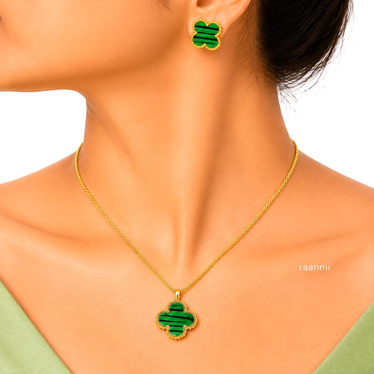 Raannii Jewelry Set Gold Plated Green Clover Pendant Necklace and Stud Earrings for Women