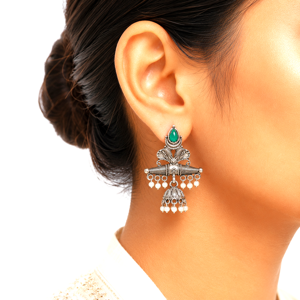 Raannii Earrings Green Stone Oxidised Jhumka Pearl Drop Earrings for Women