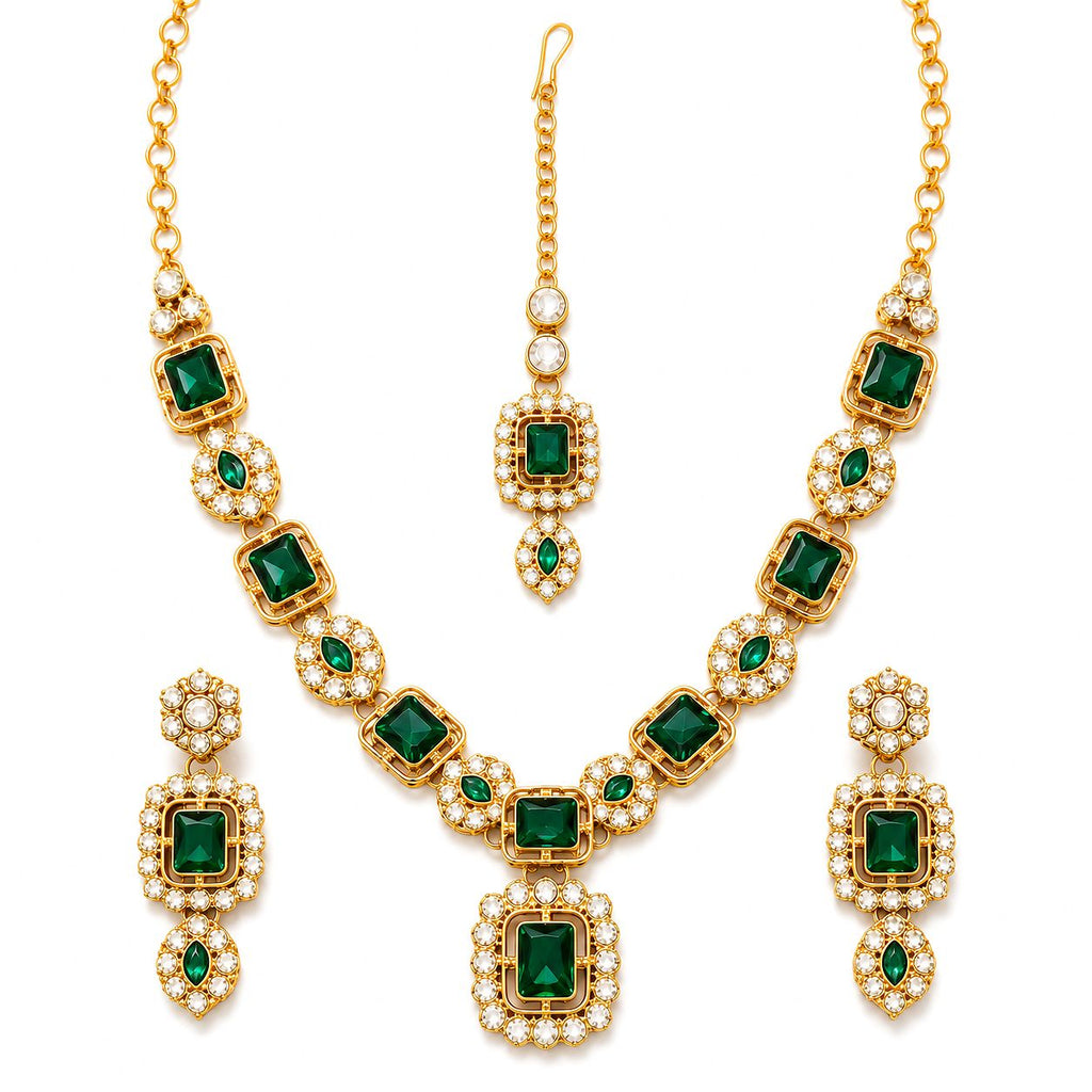 Raannii Emerald Bridal Necklace Set with Maang Tikka