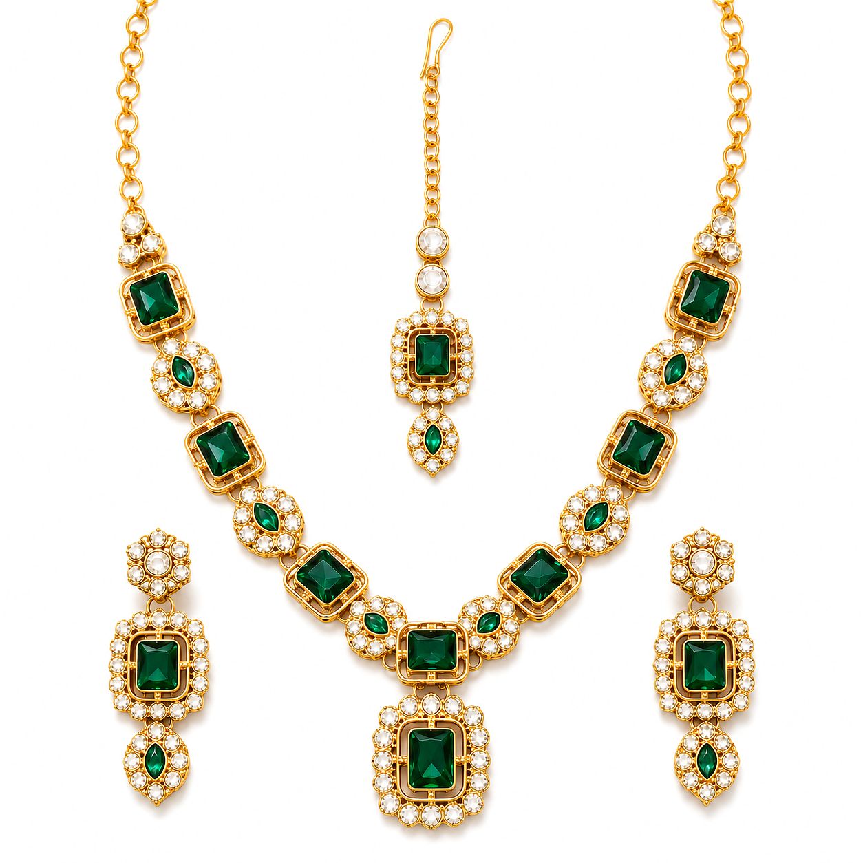 Raannii Emerald Bridal Necklace Set with Maang Tikka