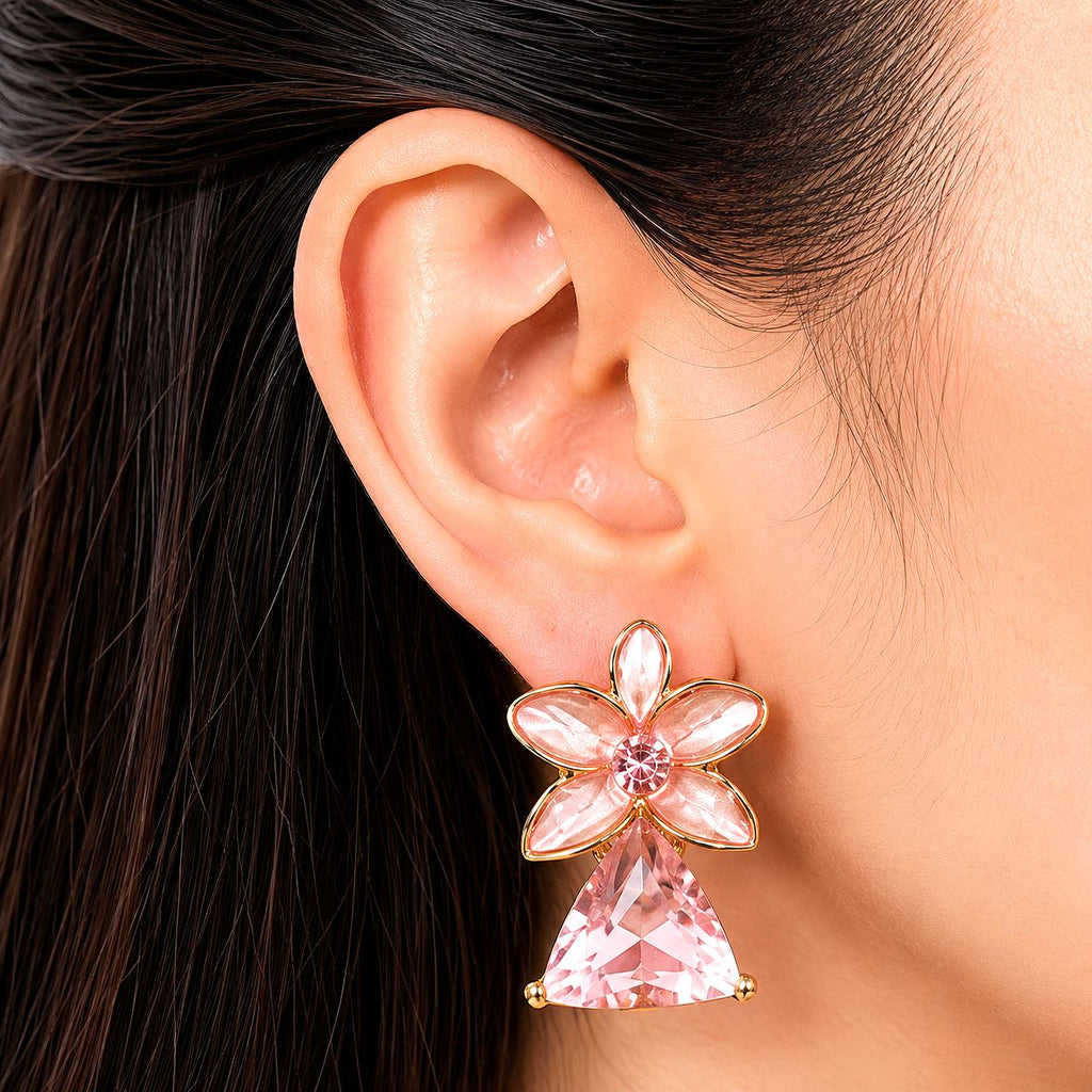 Raannii Pink Crystal Floral Statement Earrings for Women