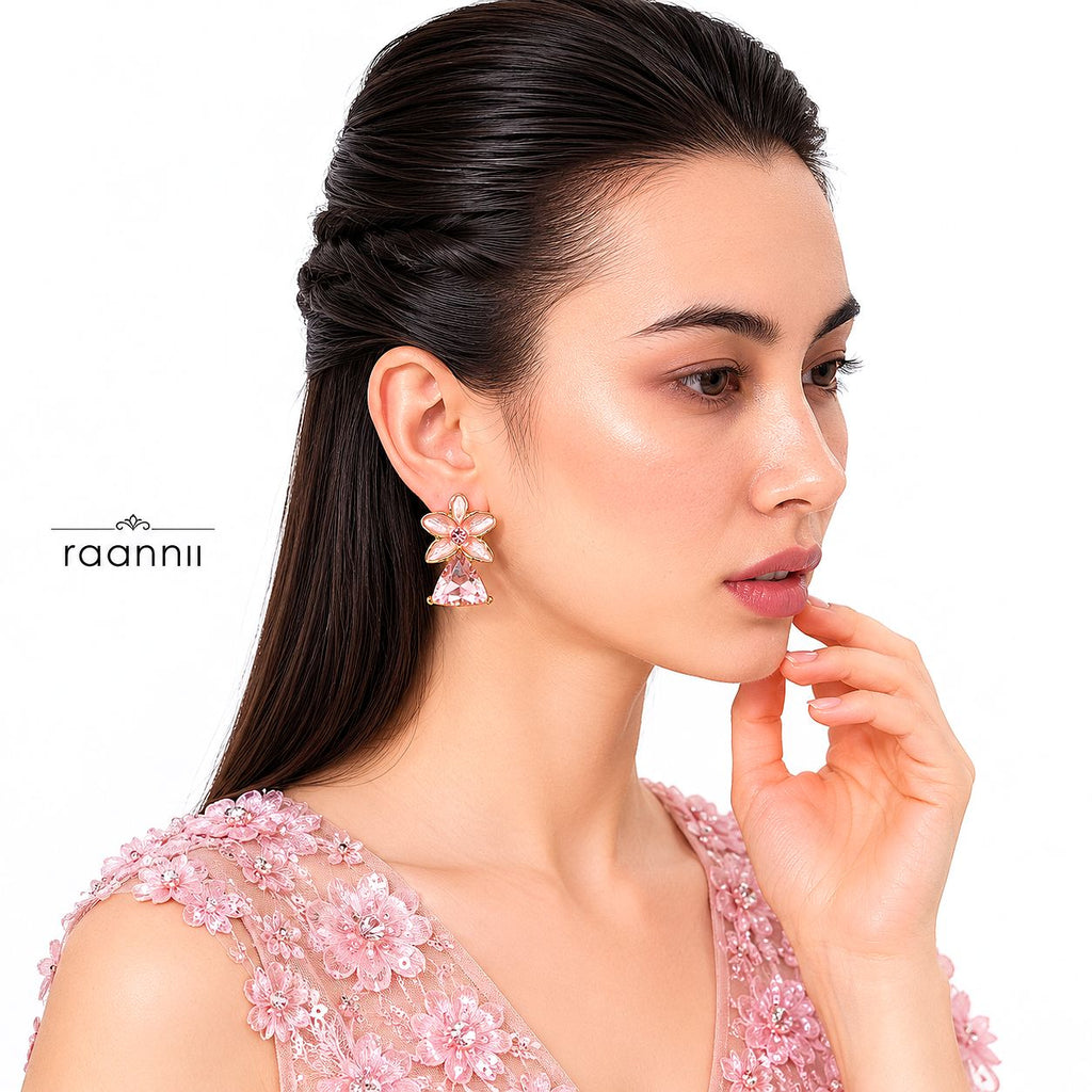 Raannii Pink Crystal Floral Statement Earrings for Women
