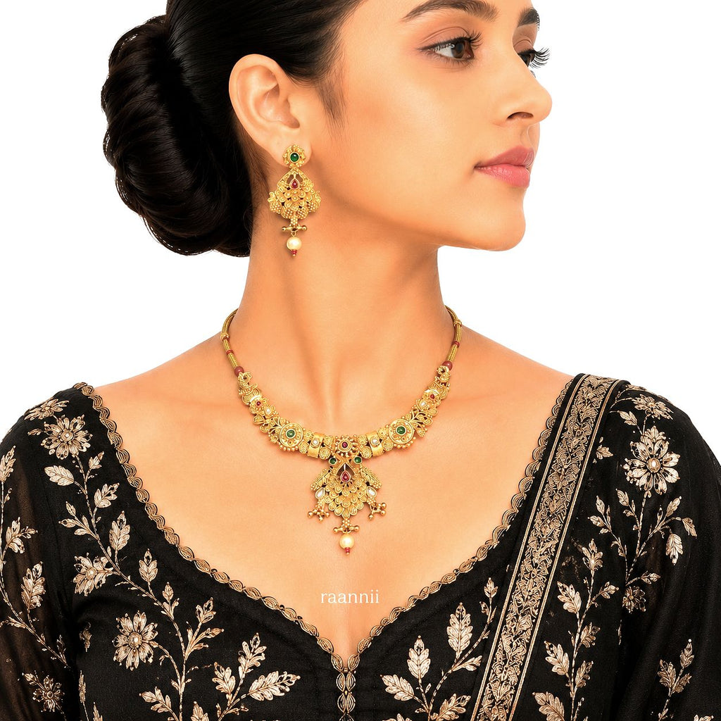 Raannii Antique Gold Temple Necklace Set
