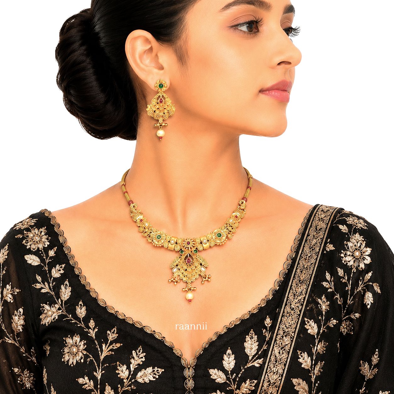 Raannii Antique Gold Temple Necklace Set