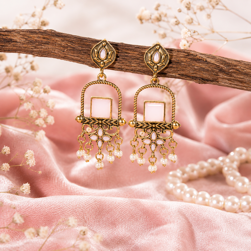 Raannii Earrings Pink Stone Gold Tone Designer Drop Earrings with Pearl Dangling
