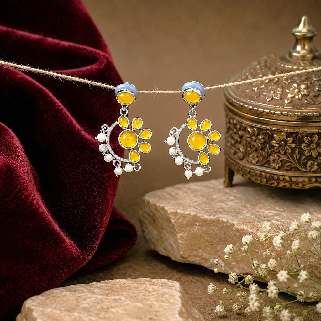 Raannii Earrings Yellow Stone Pearl Drop Oxidised Statement Earrings for Women