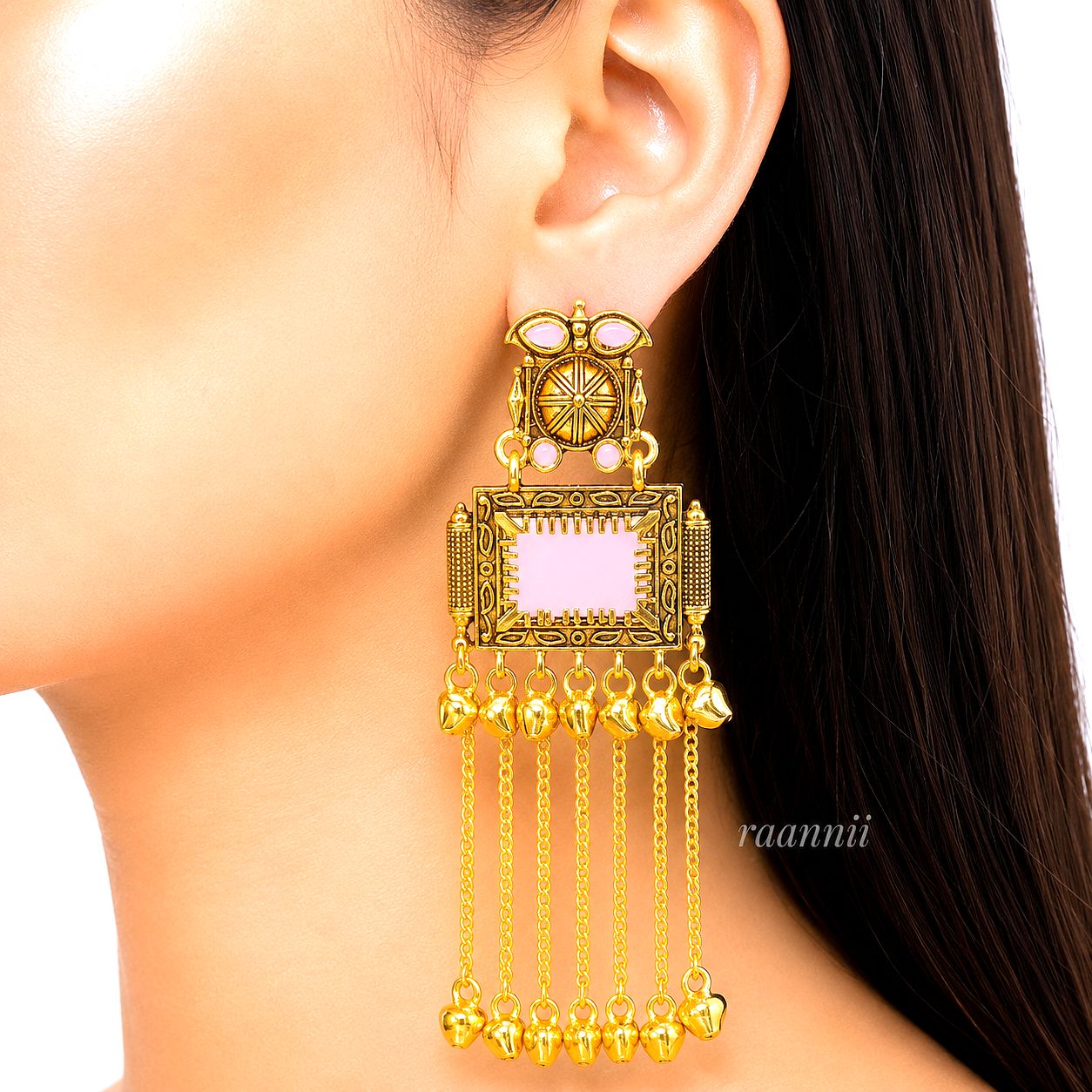 Raannii Earrings – Gold Plated Red Stone Traditional Dangler Earrings with Chain Tassels
