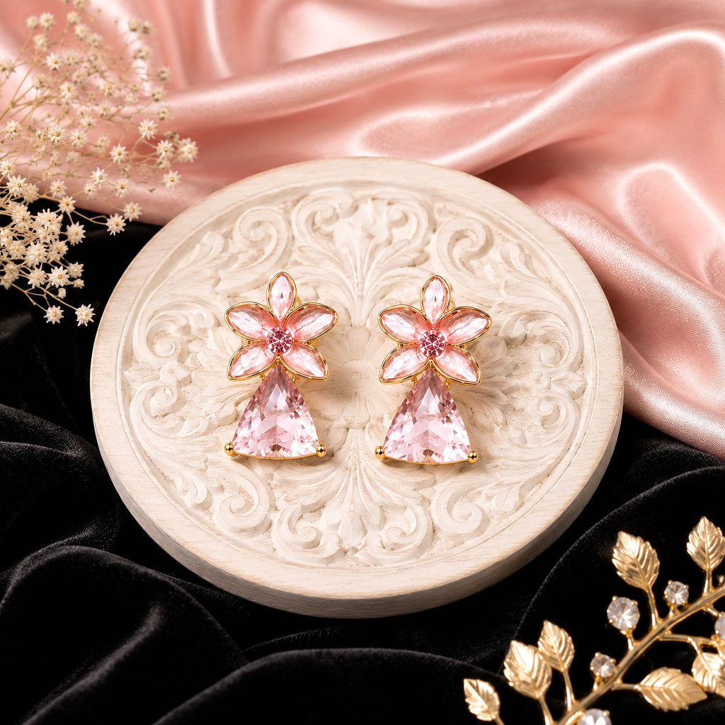 Raannii Pink Crystal Floral Statement Earrings for Women