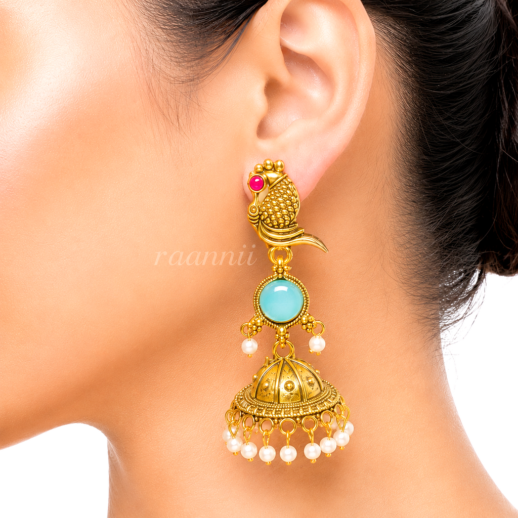 Raannii Earrings Gold Tone Peacock Jhumka with Blue Stone & Pearl Drops