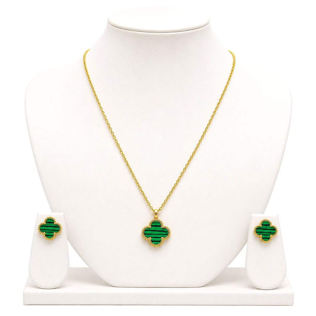 Raannii Jewelry Set Gold Plated Green Clover Pendant Necklace and Stud Earrings for Women