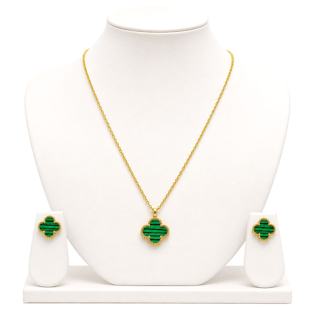 Raannii Jewelry Set Gold Plated Green Clover Pendant Necklace and Stud Earrings for Women